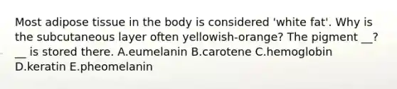 Most adipose tissue in the body is considered 'white fat'. Why is the subcutaneous layer often yellowish-orange? The pigment __?__ is stored there. A.eumelanin B.carotene C.hemoglobin D.keratin E.pheomelanin