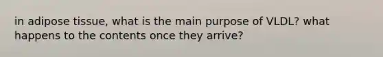in adipose tissue, what is the main purpose of VLDL? what happens to the contents once they arrive?