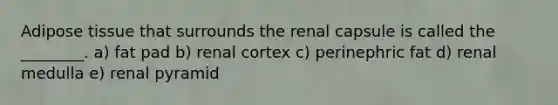 Adipose tissue that surrounds the renal capsule is called the ________. a) fat pad b) renal cortex c) perinephric fat d) renal medulla e) renal pyramid