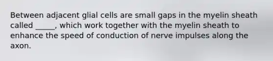 Between adjacent glial cells are small gaps in the myelin sheath called _____, which work together with the myelin sheath to enhance the speed of conduction of nerve impulses along the axon.