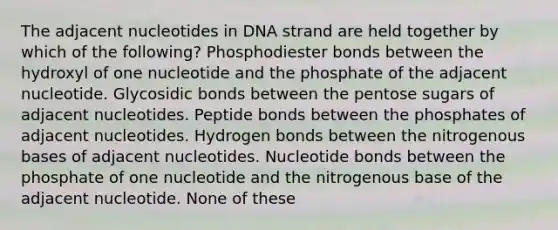 The adjacent nucleotides in DNA strand are held together by which of the following? Phosphodiester bonds between the hydroxyl of one nucleotide and the phosphate of the adjacent nucleotide. Glycosidic bonds between the pentose sugars of adjacent nucleotides. Peptide bonds between the phosphates of adjacent nucleotides. Hydrogen bonds between the nitrogenous bases of adjacent nucleotides. Nucleotide bonds between the phosphate of one nucleotide and the nitrogenous base of the adjacent nucleotide. None of these