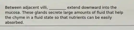 Between adjacent villi, _________ extend downward into the mucosa. These glands secrete large amounts of fluid that help the chyme in a fluid state so that nutrients can be easily absorbed.
