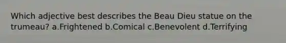 Which adjective best describes the Beau Dieu statue on the trumeau? a.Frightened b.Comical c.Benevolent d.Terrifying