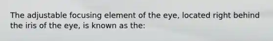 The adjustable focusing element of the eye, located right behind the iris of the eye, is known as the: