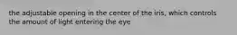 the adjustable opening in the center of the iris, which controls the amount of light entering the eye