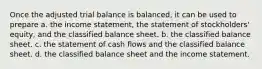 Once the adjusted trial balance is balanced, it can be used to prepare a. the income statement, the statement of stockholders' equity, and the classified balance sheet. b. the classified balance sheet. c. the statement of cash flows and the classified balance sheet. d. the classified balance sheet and the income statement.