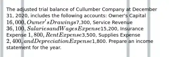 The adjusted trial balance of Cullumber Company at December 31, 2020, includes the following accounts: Owner's Capital 16,000, Owner's Drawings7,300, Service Revenue 36,100, Salaries and Wages Expense15,200, Insurance Expense 1,800, Rent Expense3,500, Supplies Expense 2,400, and Depreciation Expense1,800. Prepare an income statement for the year.