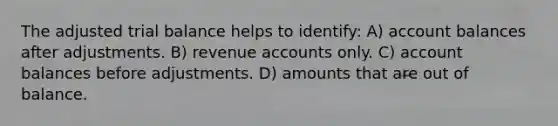 The adjusted trial balance helps to identify: A) account balances after adjustments. B) revenue accounts only. C) account balances before adjustments. D) amounts that are out of balance.