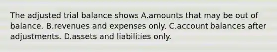 The adjusted trial balance shows A.amounts that may be out of balance. B.revenues and expenses only. C.account balances after adjustments. D.assets and liabilities only.