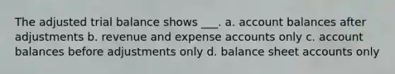 The adjusted trial balance shows ___. a. account balances after adjustments b. revenue and expense accounts only c. account balances before adjustments only d. balance shee<a href='https://www.questionai.com/knowledge/k7x83BRk9p-t-accounts' class='anchor-knowledge'>t accounts</a> only