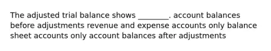 The adjusted trial balance shows​ ________. account balances before adjustments revenue and expense accounts only balance sheet accounts only account balances after adjustments