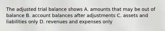 The adjusted trial balance shows A. amounts that may be out of balance B. account balances after adjustments C. assets and liabilities only D. revenues and expenses only