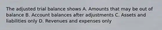 The adjusted trial balance shows A. Amounts that may be out of balance B. Account balances after adjustments C. Assets and liabilities only D. Revenues and expenses only