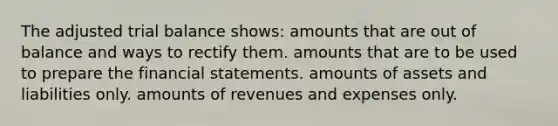 The adjusted trial balance shows: amounts that are out of balance and ways to rectify them. amounts that are to be used to prepare the financial statements. amounts of assets and liabilities only. amounts of revenues and expenses only.