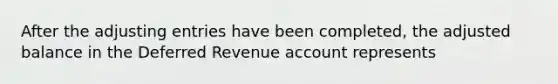 After the adjusting entries have been completed, the adjusted balance in the Deferred Revenue account represents