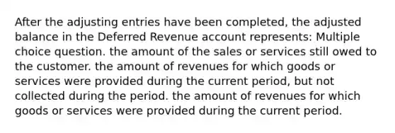 After the adjusting entries have been completed, the adjusted balance in the Deferred Revenue account represents: Multiple choice question. the amount of the sales or services still owed to the customer. the amount of revenues for which goods or services were provided during the current period, but not collected during the period. the amount of revenues for which goods or services were provided during the current period.