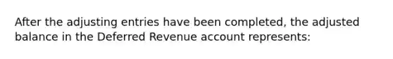 After the adjusting entries have been completed, the adjusted balance in the Deferred Revenue account represents: