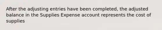 After the adjusting entries have been completed, the adjusted balance in the Supplies Expense account represents the cost of supplies