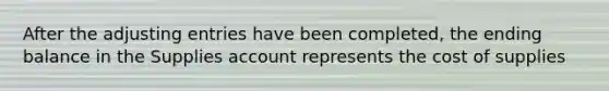 After the adjusting entries have been completed, the ending balance in the Supplies account represents the cost of supplies