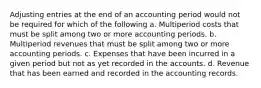 Adjusting entries at the end of an accounting period would not be required for which of the following a. Multiperiod costs that must be split among two or more accounting periods. b. Multiperiod revenues that must be split among two or more accounting periods. c. Expenses that have been incurred in a given period but not as yet recorded in the accounts. d. Revenue that has been earned and recorded in the accounting records.