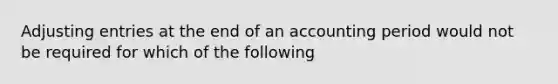 <a href='https://www.questionai.com/knowledge/kGxhM5fzgy-adjusting-entries' class='anchor-knowledge'>adjusting entries</a> at the end of an accounting period would not be required for which of the following