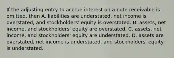 If the adjusting entry to accrue interest on a note receivable is omitted, then A. liabilities are understated, net income is overstated, and stockholders' equity is overstated. B. assets, net income, and stockholders' equity are overstated. C. assets, net income, and stockholders' equity are understated. D. assets are overstated, net income is understated, and stockholders' equity is understated.