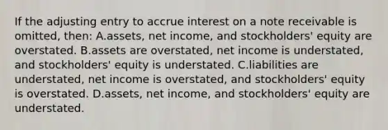 If the adjusting entry to accrue interest on a note receivable is​ omitted, then: A.assets, net​ income, and​ stockholders' equity are overstated. B.assets are​ overstated, net income is​ understated, and​ stockholders' equity is understated. C.liabilities are​ understated, net income is​ overstated, and​ stockholders' equity is overstated. D.​assets, net​ income, and​ stockholders' equity are understated.