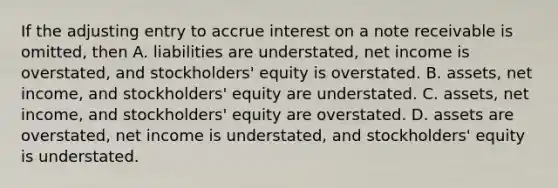 If the adjusting entry to accrue interest on a note receivable is​ omitted, then A. liabilities are​ understated, net income is​ overstated, and​ stockholders' equity is overstated. B. ​assets, net​ income, and​ stockholders' equity are understated. C. ​assets, net​ income, and​ stockholders' equity are overstated. D. assets are​ overstated, net income is​ understated, and​ stockholders' equity is understated.