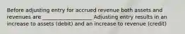 Before adjusting entry for accrued revenue both assets and revenues are ___________________ Adjusting entry results in an increase to assets (debit) and an increase to revenue (credit)