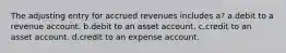 The adjusting entry for accrued revenues includes a? a.debit to a revenue account. b.debit to an asset account. c.credit to an asset account. d.credit to an expense account.