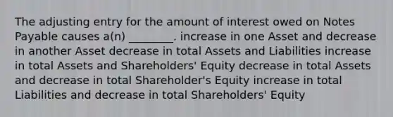 The adjusting entry for the amount of interest owed on Notes Payable causes a(n) ________. increase in one Asset and decrease in another Asset decrease in total Assets and Liabilities increase in total Assets and Shareholders' Equity decrease in total Assets and decrease in total Shareholder's Equity increase in total Liabilities and decrease in total Shareholders' Equity