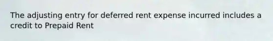 The adjusting entry for deferred rent expense incurred includes a credit to Prepaid Rent