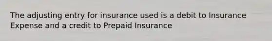 The adjusting entry for insurance used is a debit to Insurance Expense and a credit to Prepaid Insurance