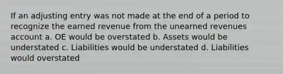 If an adjusting entry was not made at the end of a period to recognize the earned revenue from the unearned revenues account a. OE would be overstated b. Assets would be understated c. Liabilities would be understated d. Liabilities would overstated