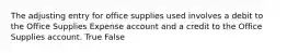 The adjusting entry for office supplies used involves a debit to the Office Supplies Expense account and a credit to the Office Supplies account. True False