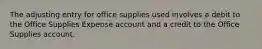 The adjusting entry for office supplies used involves a debit to the Office Supplies Expense account and a credit to the Office Supplies account.