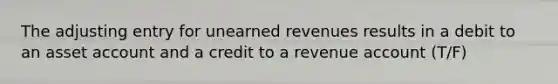 The adjusting entry for <a href='https://www.questionai.com/knowledge/kJai9DDOaA-unearned-revenues' class='anchor-knowledge'>unearned revenues</a> results in a debit to an asset account and a credit to a revenue account (T/F)