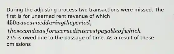 During the adjusting process two transactions were missed. The first is for unearned rent revenue of which 450 was earned during the period, the second was for accrued interest payable of which275 is owed due to the passage of time. As a result of these omissions