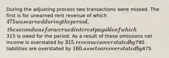 During the adjusting process two transactions were missed. The first is for unearned rent revenue of which 475 was earned during the period, the second was for accrued interest payable of which315 is owed for the period. As a result of these omissions net income is overstated by 315. revenue is overstated by790. liabilities are overstated by 160. assets are overstated by475.