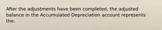 After the adjustments have been completed, the adjusted balance in the Accumulated Depreciation account represents the: