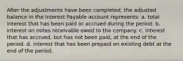 After the adjustments have been completed, the adjusted balance in the Interest Payable account represents: a. total interest that has been paid or accrued during the period. b. interest on notes receivable owed to the company. c. interest that has accrued, but has not been paid, at the end of the period. d. interest that has been prepaid on existing debt at the end of the period.