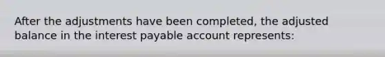 After the adjustments have been completed, the adjusted balance in the interest payable account represents: