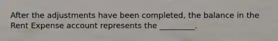 After the adjustments have been completed, the balance in the Rent Expense account represents the _________.