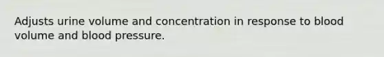 Adjusts urine volume and concentration in response to blood volume and blood pressure.