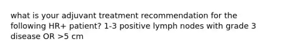 what is your adjuvant treatment recommendation for the following HR+ patient? 1-3 positive lymph nodes with grade 3 disease OR >5 cm