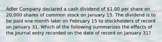 Adler Company declared a cash dividend of 1.00 per share on 20,000 shares of common stock on January 15. The dividend is to be paid one month later on February 15 to stockholders of record on January 31. Which of the following summarizes the effects of the journal entry recorded on the date of record on January 31?