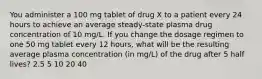 You administer a 100 mg tablet of drug X to a patient every 24 hours to achieve an average steady-state plasma drug concentration of 10 mg/L. If you change the dosage regimen to one 50 mg tablet every 12 hours, what will be the resulting average plasma concentration (in mg/L) of the drug after 5 half lives? 2.5 5 10 20 40