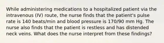 While administering medications to a hospitalized patient via the intravenous (IV) route, the nurse finds that the patient's pulse rate is 140 beats/min and blood pressure is 170/90 mm Hg. The nurse also finds that the patient is restless and has distended neck veins. What does the nurse interpret from these findings?