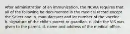 After administration of an immunization, the NCVIA requires that all of the following be documented in the medical record except the Select one: a. manufacturer and lot number of the vaccine. b. signature of the child's parent or guardian. c. date the VIS was given to the parent. d. name and address of the medical office.