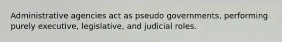 Administrative agencies act as pseudo governments, performing purely executive, legislative, and judicial roles.